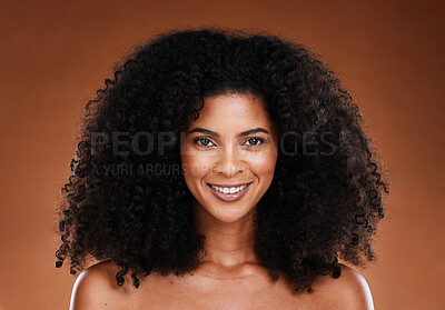 Buy stock photo Hair care, natural and beauty black woman studio portrait for healthy hair growth in cosmetics, makeup and skincare wellness promotion. Young, african model smile for skin care, self love and salon