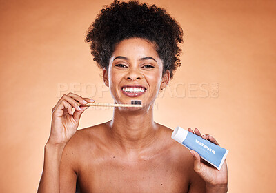 Buy stock photo Black woman, dental hygiene and toothbrush with toothpaste for brushing teeth and smile. Oral health, African American female and lady clean mouth, fresh breath and healthy on brown studio background