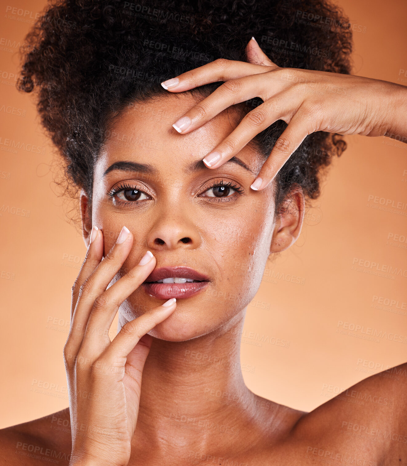 Buy stock photo Beauty, self care and face portrait of black woman with luxury skincare routine, clean facial treatment and natural cosmetics. Afro hair care, skin glow and spa girl with pride for aesthetic makeup