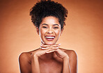 Black woman, afro or skincare face glow on studio background in healthcare wellness, dermatology or cosmetology success. Portrait, smile or happy beauty model and natural hair style or hands manicure