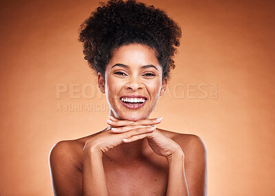 Buy stock photo Black woman, afro or skincare face glow on studio background in healthcare wellness, dermatology or cosmetology success. Portrait, smile or happy beauty model and natural hair style or hands manicure