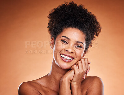 Buy stock photo Beauty, skincare and happy with portrait of black woman for luxury, spa and natural. Smile, cosmetics and wellness with girl model for self love, confidence and health in studio background