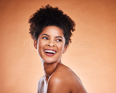 Buy stock photo Skincare, wellness and happy black woman in studio for cosmetic, natural and healthy face routine. Happiness, beauty and young African model with health facial or skin treatment by orange background.