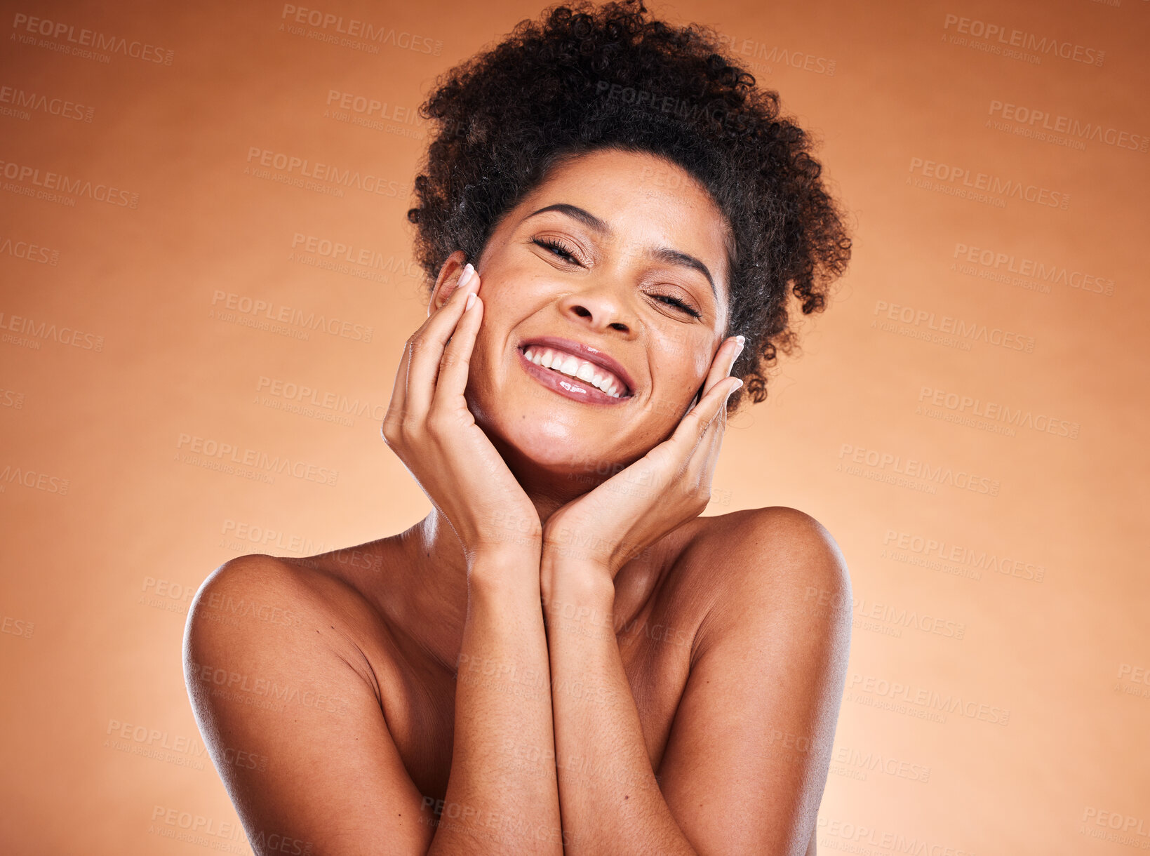Buy stock photo Beauty, self care and face portrait of black woman satisfied with self love treatment, skincare routine and natural cosmetics. Dermatology, luxury makeup and African girl happy with facial skin glow