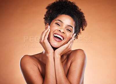 Buy stock photo Skincare, beauty and portrait of black woman with smile in studio on orange background for body care. Wellness, happiness and young female advertising for spa, makeup and cosmetic beauty products