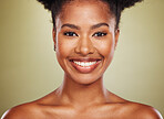 Portrait of black woman, happy smile and skincare face model for cosmetics healthcare, glowing skin and wellness. Natural facial beauty, healthy glow and organic cosmetic on a green studio background