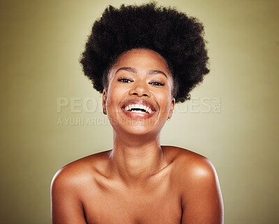 Buy stock photo Black woman, afro hair or face skincare glow on green studio background dermatology, cosmetology or self love wellness. Portrait, smile or happy beauty model and natural hairstyle or makeup cosmetics
