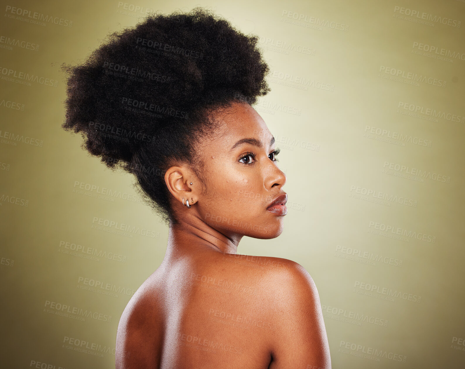 Buy stock photo Black woman, afro hair and body skincare glow on green studio background in healthcare wellness, dermatology or self love cosmetology. Beauty model, makeup cosmetics and natural hair style on mock up