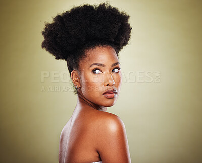 Buy stock photo African, cosmetics and black woman with a glow from skincare, dermatology and cosmetology against a green studio background. Afro hair, makeup and face of a model thinking of beauty and body wellness