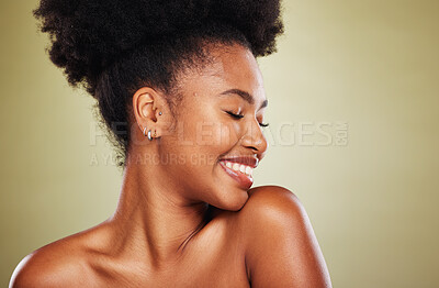 Buy stock photo Makeup, cosmetics and beauty mockup of model happy with self care treatment, wellness and luxury healthcare. Self love, facial routine and mock up face of black woman with natural aesthetic skincare