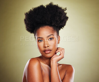 Buy stock photo Black woman, skincare beauty or model with afro in studio for hair promotion, glow skin or self love. Portrait aesthetics, natural makeup or girl from New York for health cosmetics or facial wellness