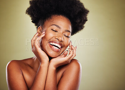 Buy stock photo Black woman, skincare and natural beauty, makeup and aesthetics, dermatology and cosmetics for shine, glow and healthy skin on studio background. Happy african model, facial wellness and body care 