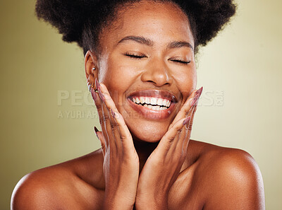 Buy stock photo Cosmetics, black woman and skincare for wellness, natural beauty and confidence against brown studio background. Makeup, African American female and girl with lotion, face detox and organic facial.