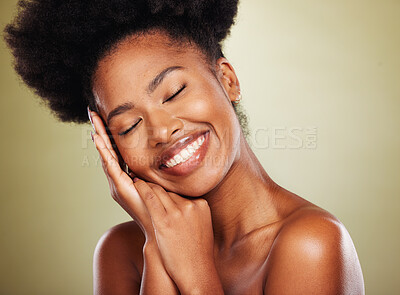 Buy stock photo Black woman, hands and smile for facial skincare, makeup or cosmetics against a studio background. African American female smiling in satisfaction for beautiful cosmetic treatment or perfect skin