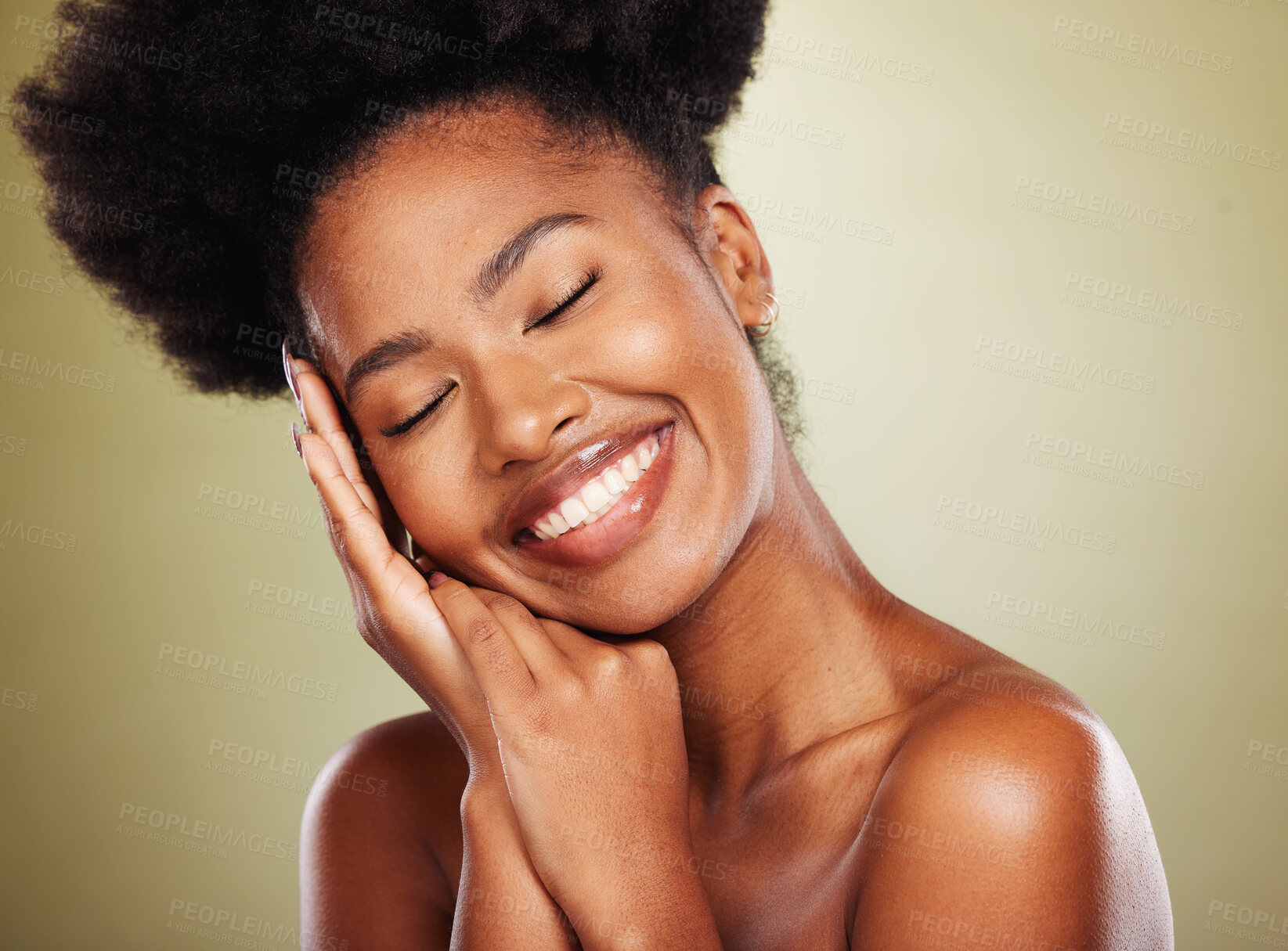 Buy stock photo Black woman, hands and smile for facial skincare, makeup or cosmetics against a studio background. African American female smiling in satisfaction for beautiful cosmetic treatment or perfect skin