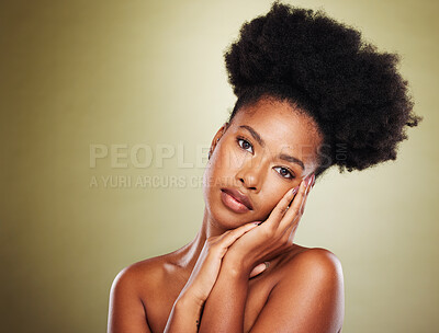 Buy stock photo Beauty, skincare and mockup portrait of model satisfied natural facial treatment, facial cosmetics or luxury makeup. Spa self care, healthy glowing skin and mock up face of black woman with self love