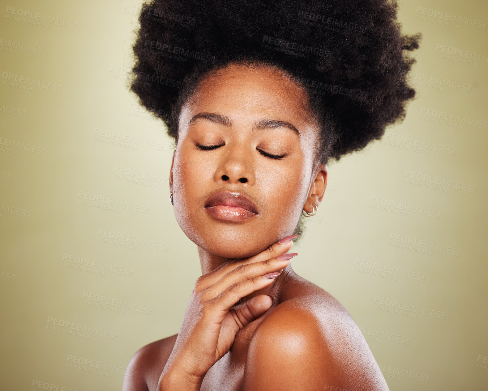 Buy stock photo Beauty, self care and face of black woman with skincare treatment, luxury cosmetics and glowing skin. Dermatology, wellness and aesthetic African girl with self love, natural makeup or facial routine