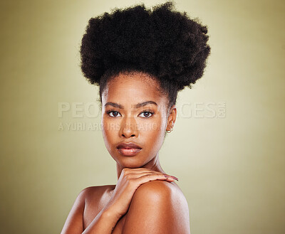 Buy stock photo Beauty, skincare and black woman portrait with skin glow from dermatology and cosmetic wellness. Young woman model calm after natural body selfcare, face cleaning cosmetics and healthy facial