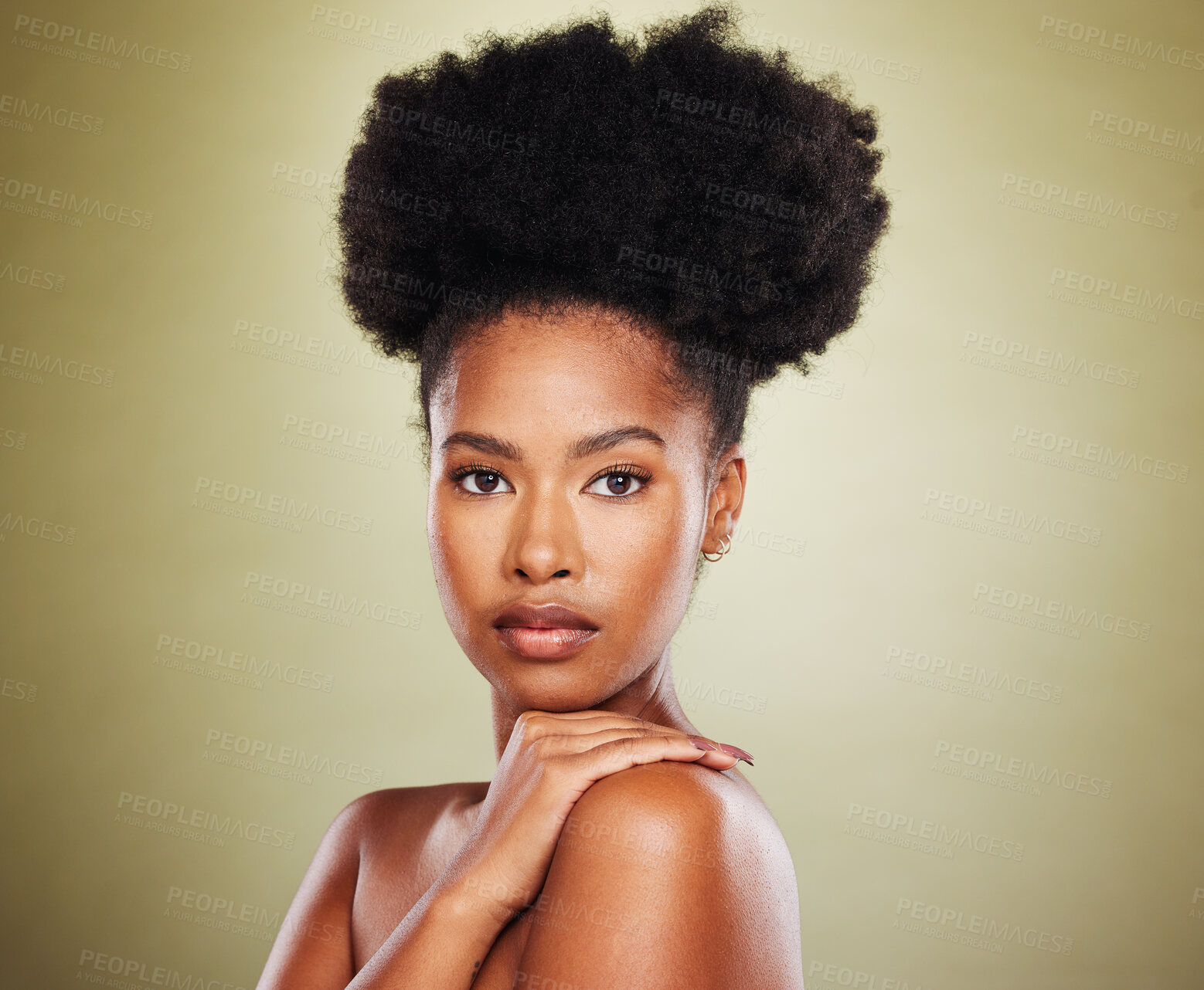 Buy stock photo Beauty, skincare and black woman portrait with skin glow from dermatology and cosmetic wellness. Young woman model calm after natural body selfcare, face cleaning cosmetics and healthy facial