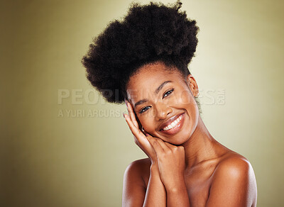 Buy stock photo Beauty skincare and smile with portrait of black woman with mockup in studio for cosmetics, makeup and spa. Wellness, luxury and product with face of girl model for self care, dermatology and health