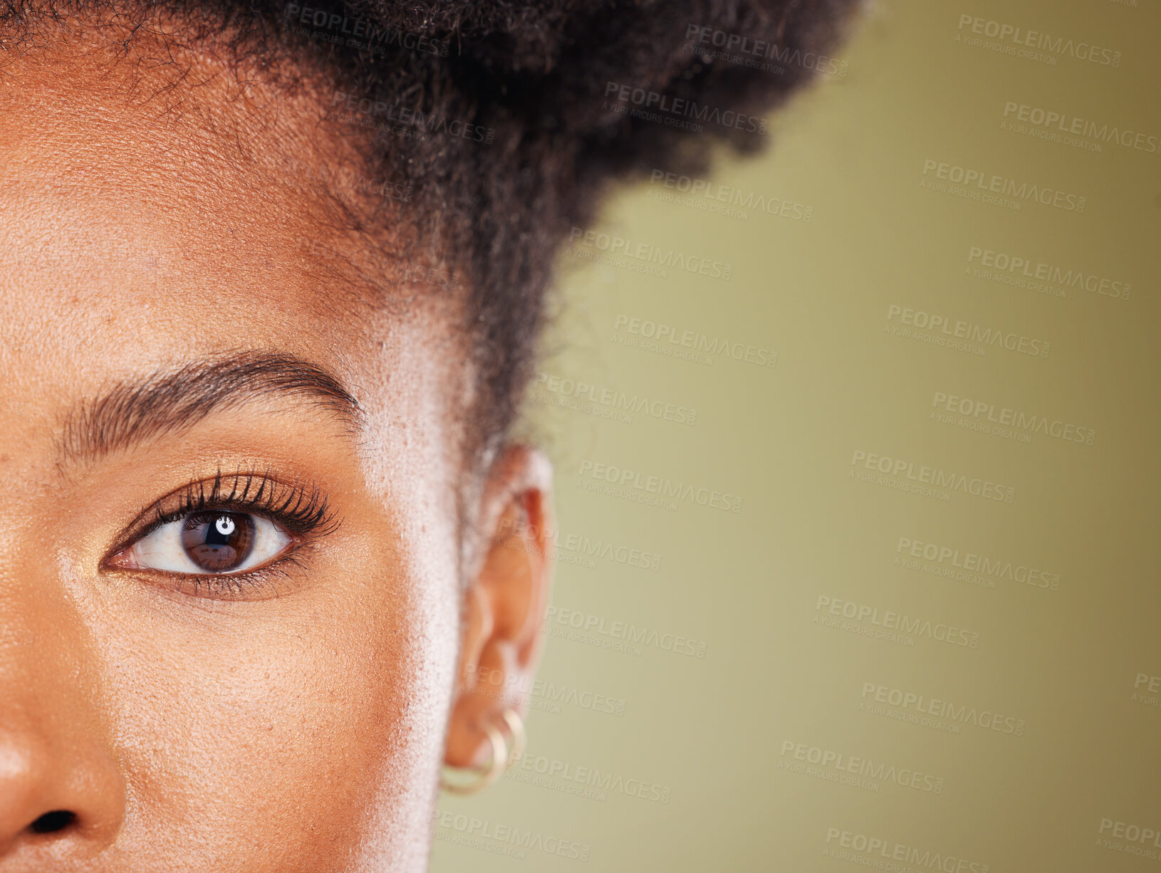 Buy stock photo Beauty, black woman and half face portrait for dermatology, facial or skincare advertising. Wellness, health and natural skin cosmetic zoom of model with green studio mockup for marketing.

