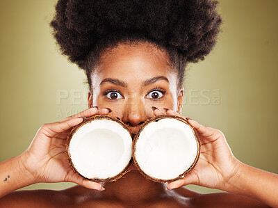 Buy stock photo Skincare, beauty and portrait of black woman with coconut in studio on brown background. Wellness, body care and eyes of girl with fruit for healthy, organic and natural cosmetic products and makeup