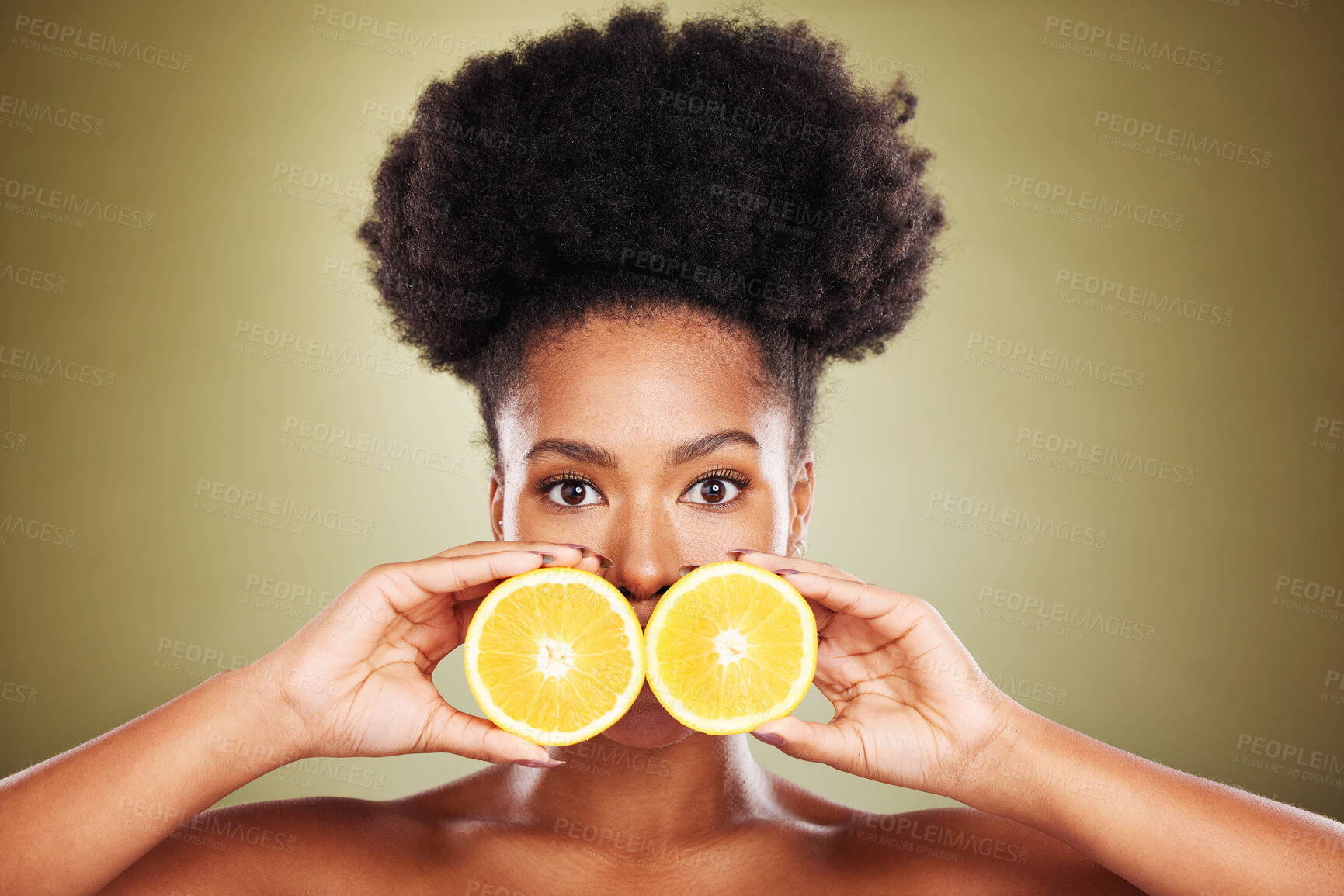 Buy stock photo Black woman, skincare portrait and lemon in hands for beauty, wellness or self care by wall. African model, cosmetic woman or vitamin c fruit for health, face care or cosmetics by studio background