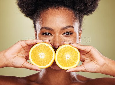 Buy stock photo Lemon, skincare and studio black woman with natural beauty benefits, healthy food and vitamin c promotion, marketing or advertising. African model face portrait, lime fruits and dermatology cosmetics