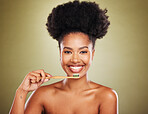 Dental, toothbrush or black woman with smile for teeth wellness, brushing teeth or skincare in studio background. Happy portrait, girl model with facial beauty, healthcare or teeth whitening product