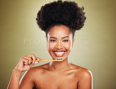 Buy stock photo Dental, wood toothbrush or black woman with smile for teeth wellness, cleaning or eco friendly in studio background. Girl, happy portrait with bamboo brush, healthcare or teeth whitening product