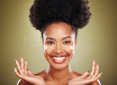 Buy stock photo Facial cream, black woman and lotion for skincare, sunscreen and makeup, beauty and dermatology on studio background. Portrait of young african model, face cream or cosmetics product for healthy skin