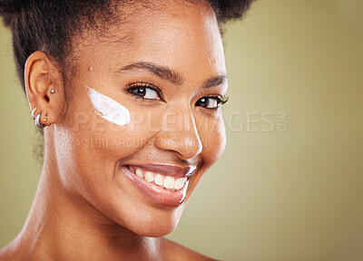 Buy stock photo Black woman, face or skincare cream product on green studio background in healthcare wellness, dermatology or cosmetology. Zoom, smile portrait or happy beauty model with sunscreen or facial collagen