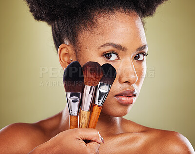 Buy stock photo Makeup brush, black woman and beauty, cosmetics and foundation application accessories, cosmetology products and studio background. Portrait of young african model, beauty tools and facial aesthetic 