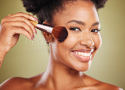 Buy stock photo Black woman, makeup and skincare beauty brush for cosmetics skin glow routine, foundation make up and a healthy cosmetic product. Portrait of African lady, happy smile and natural wellness in studio 