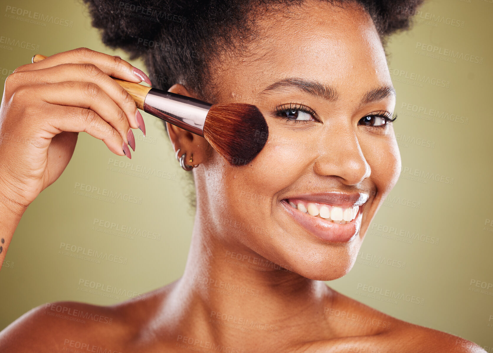 Buy stock photo Black woman, makeup and skincare beauty brush for cosmetics skin glow routine, foundation make up and a healthy cosmetic product. Portrait of African lady, happy smile and natural wellness in studio 