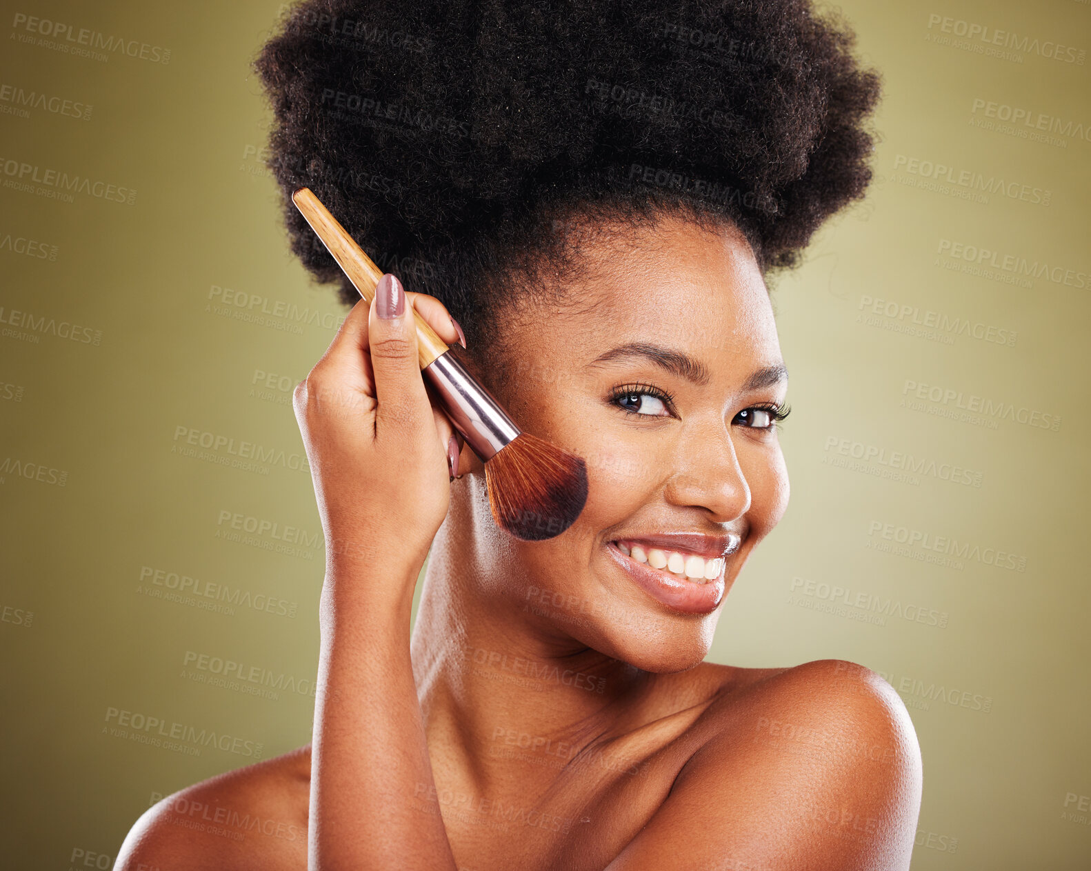 Buy stock photo Makeup, brush and portrait of black woman with facial product to apply foundation, cosmetics or daily skincare routine. Cosmetology, healthcare and aesthetic face of model happy with beauty treatment