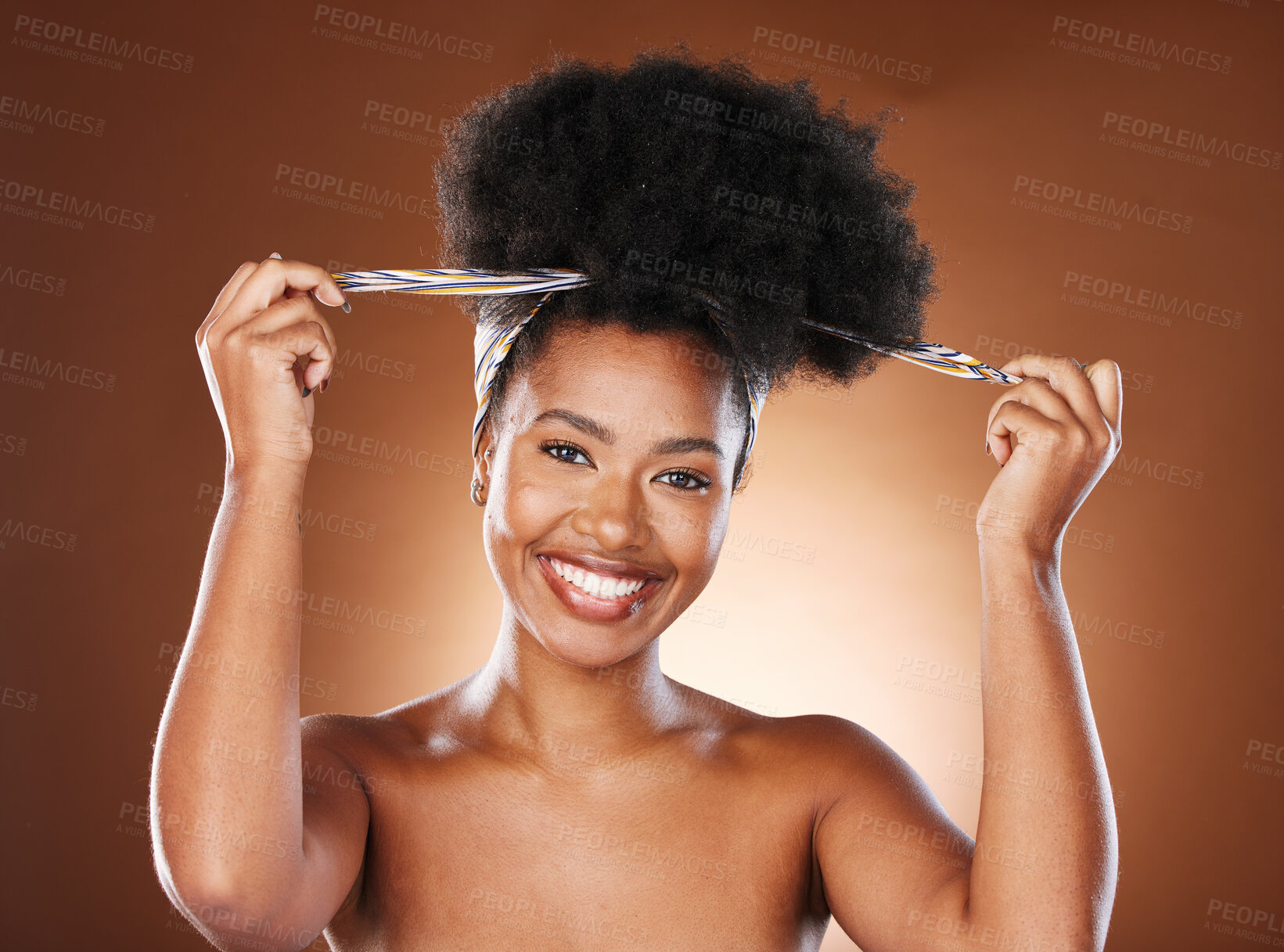 Buy stock photo Portrait, african hair and black woman with headscarf for traditional fashion, beauty and style with happiness. Model, woman and happy for skincare, cosmetics and hair care by brown studio background