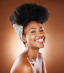 Black woman, afro hair and skincare glow on studio background in healthcare wellness, face dermatology or cosmetology. Portrait, smile or happy beauty model with natural hair, head scarf and makeup