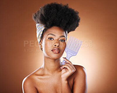 Buy stock photo Beauty, hair and afro with black woman and comb for salon, luxury and natural style. African, self love and scarf with portrait of girl model for wellness, grooming and shampoo in studio background