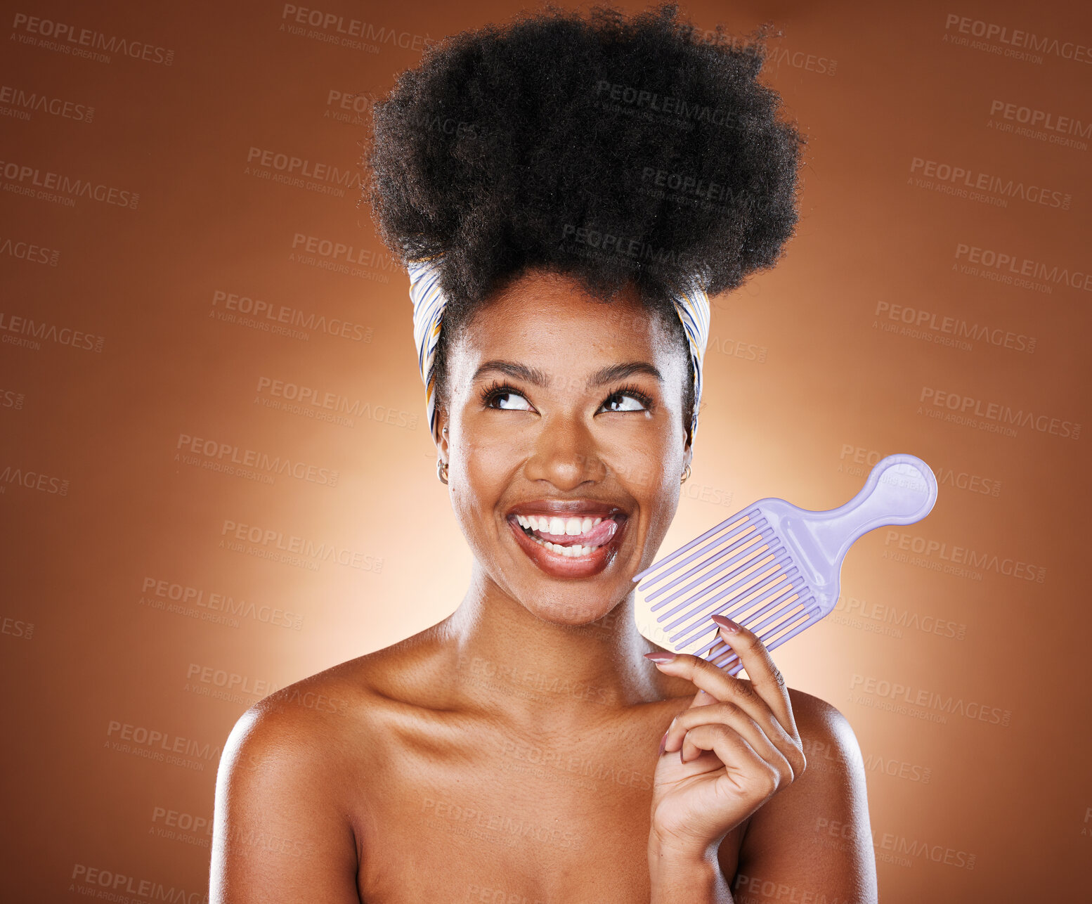 Buy stock photo Hair care, comb and black woman with smile, natural beauty or stylish for wellness on brown studio background. Afro, African American female or girl with headscarf, body care or skincare or face glow