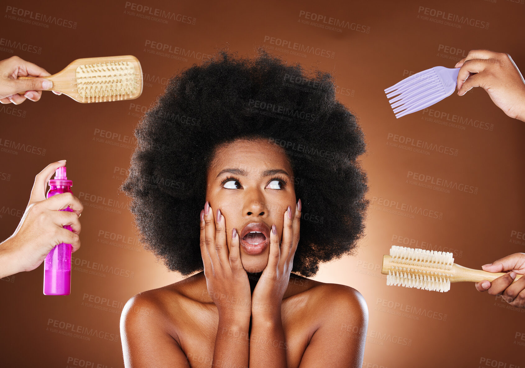 Buy stock photo Black woman thinking of hair care, tools for natural afro and decision making of beauty products. Shocked african girl with choices, salon brushes and hairspray in studio with dark brown background