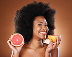 Beauty, skincare and grapefruit with portrait of black woman for vitamin c, nutrition and health. Wellness, diet and citrus product with girl model and fruit for cosmetics, collagen and natural detox