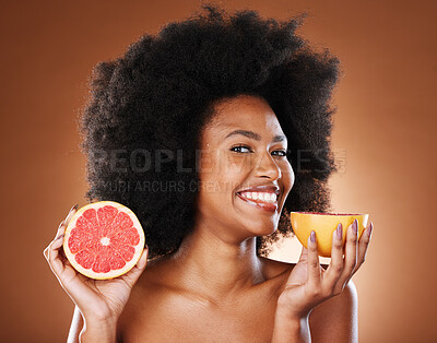 Buy stock photo Beauty, skincare and grapefruit with portrait of black woman for vitamin c, nutrition and health. Wellness, diet and citrus product with girl model and fruit for cosmetics, collagen and natural detox