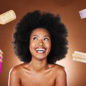 Black woman, afro and hair care tools for healthy and natural locks ...