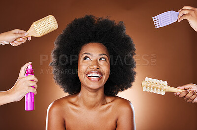 Buy stock photo Black woman, afro and hair care tools for healthy and natural locks wellness. African girl model, luxury hairstyle healthcare and cosmtics shampoo treatment or grooming in brown studio background