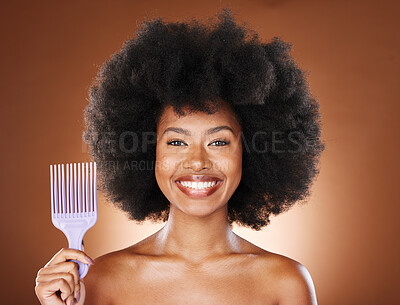 Buy stock photo Hair care, afro and portrait of black woman with comb for wellness, grooming treatment or healthy hair growth. Salon, combing brush and face of African model with product for hairstyle maintenance