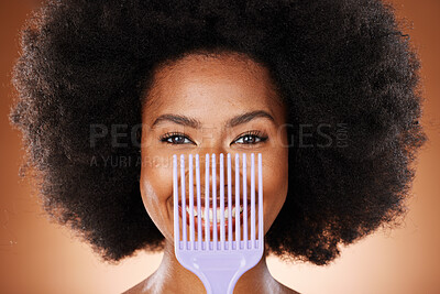 Buy stock photo Hair care, comb and black woman with smile, natural beauty and skincare against brown studio background. Cosmetics, beautician and African American woman with afro, combing and happy with portrait. 