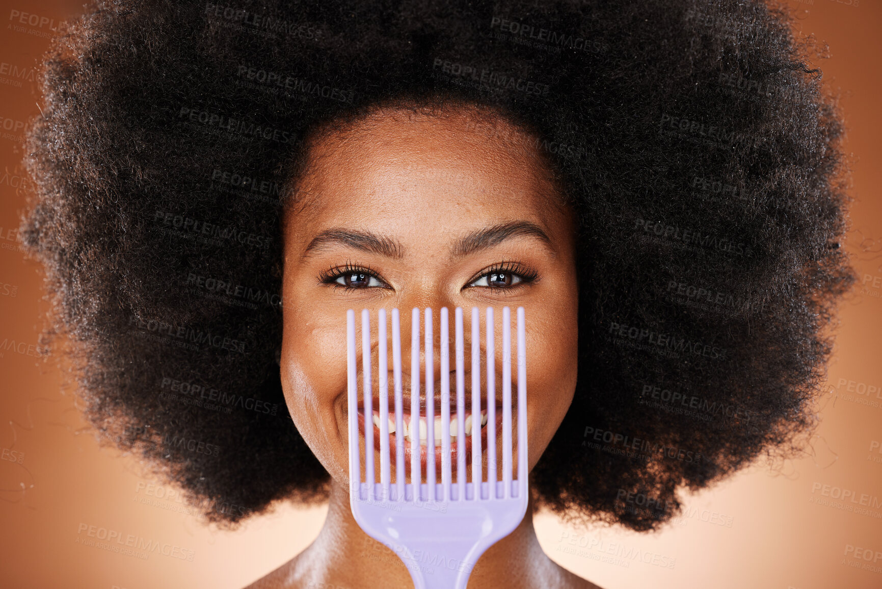 Buy stock photo Hair care, comb and black woman with smile, natural beauty and skincare against brown studio background. Cosmetics, beautician and African American woman with afro, combing and happy with portrait. 