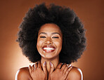 Hug, makeup and black woman with self love, happy and smile for beauty against a brown studio background. Skincare, cosmetology and face portrait of an African model with a body hug for care