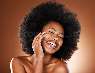 Buy stock photo Skincare, beauty and portrait of black woman with smile on face, luxury care for smooth, clean and fresh skin. Happiness, health and happy woman or girl from South Africa with healthy afro hairstyle.